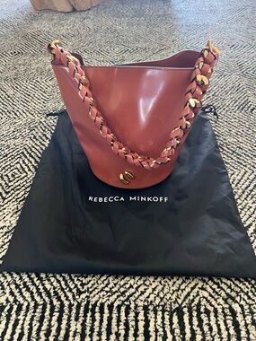 Rebecca Minkoff Brick Red Leather Bucket Hobo with Braided Chain Strap